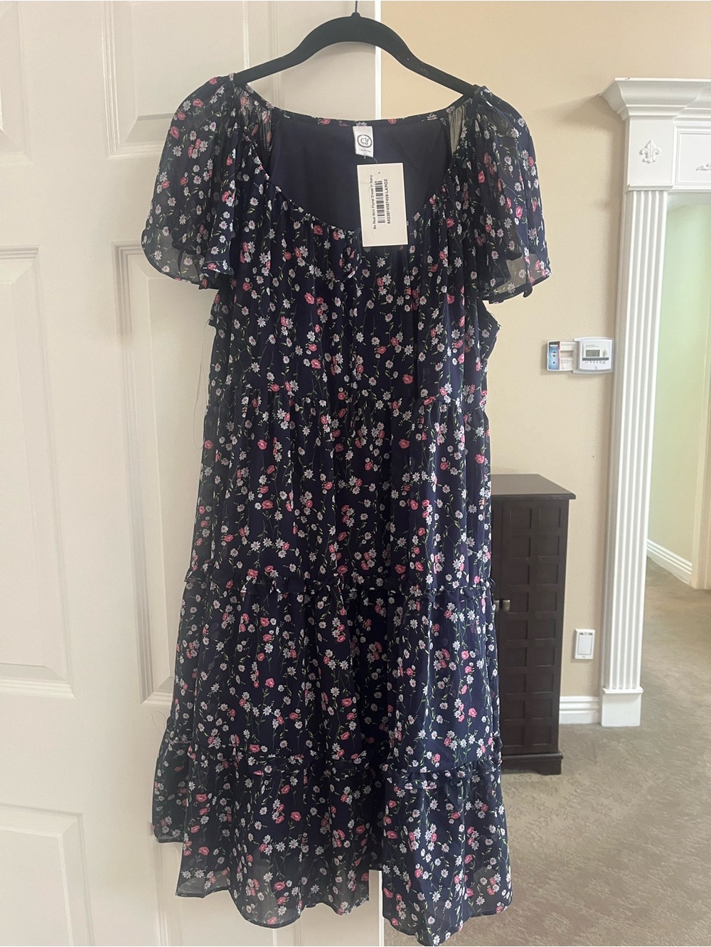 Navy Floral Midi Dress with Pink & White Blossoms